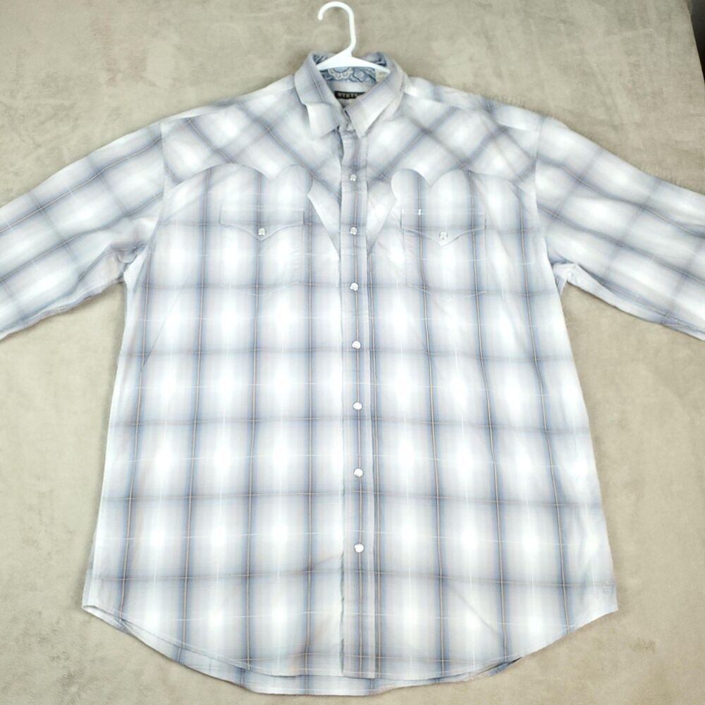 Stetson Shirt Mens XXL Blue White Plaid Pearl Snap Flip Cuff Western Cowboy - Picture 15 of 16